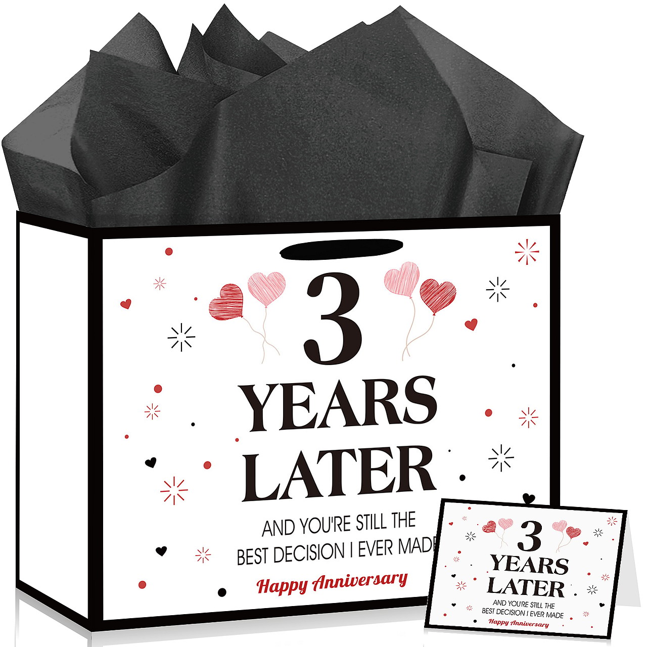 Happy 3rd Anniversary Party Favor Bag with Tissue Paper and Greeting Card Set