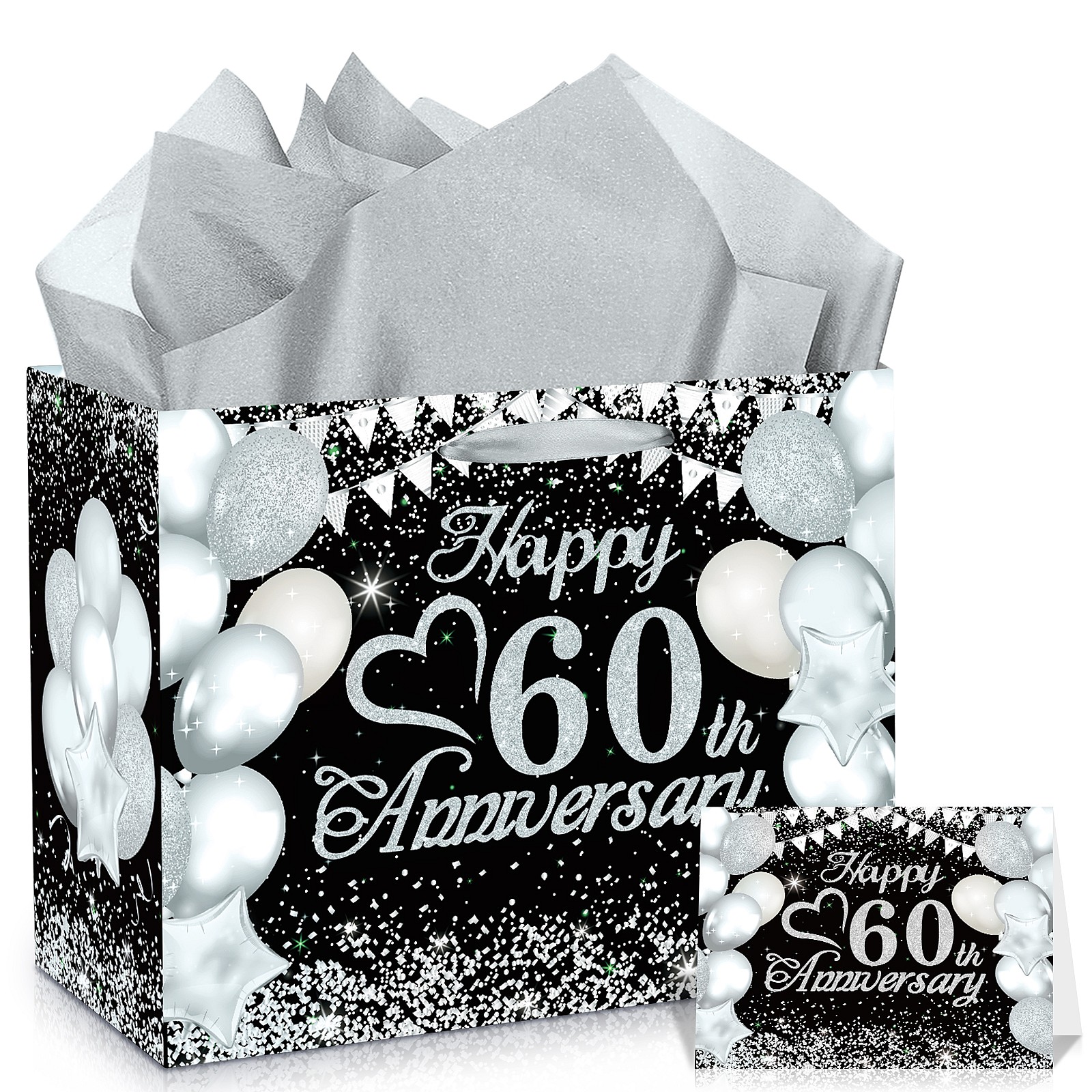 Black Silver 60th Anniversary Party Gift Bag Set