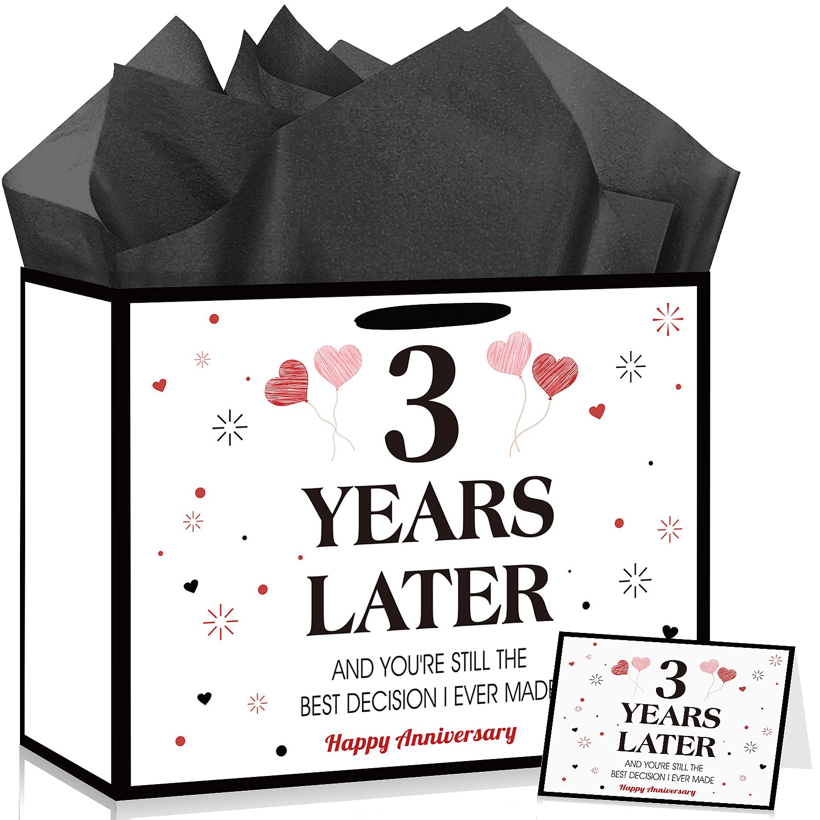 Happy 3rd Anniversary Party Favor Bag with Tissue Paper and Greeting Card Set