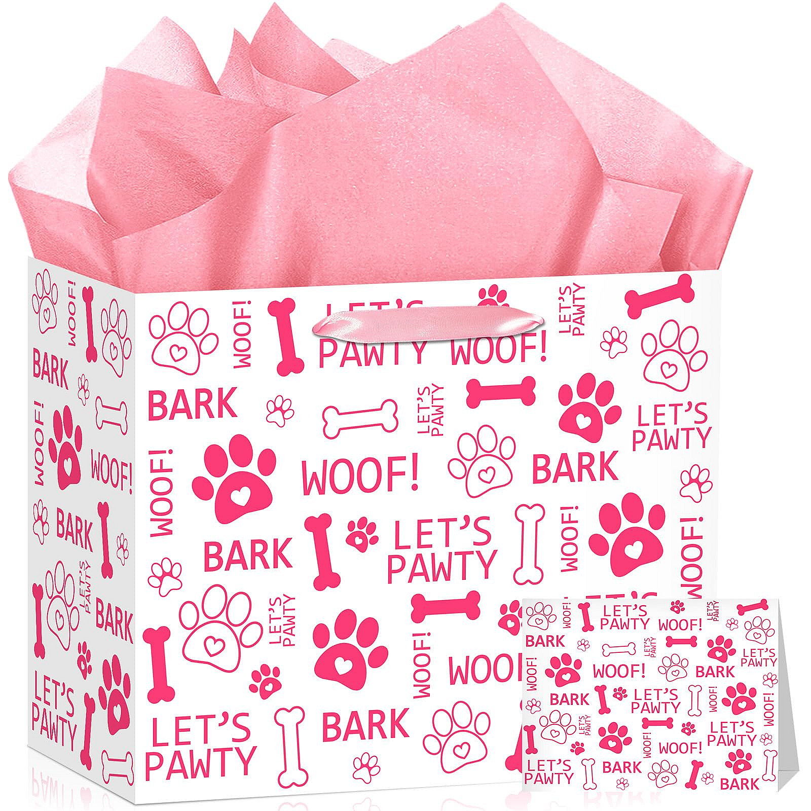 Pink Dog Paw Print Birthday Gift Bag Set