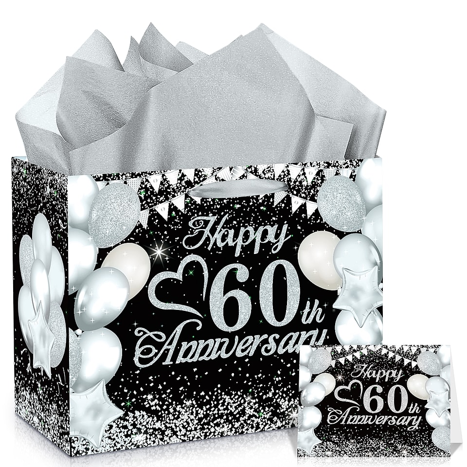 Black Silver 60th Anniversary Party Gift Bag Set