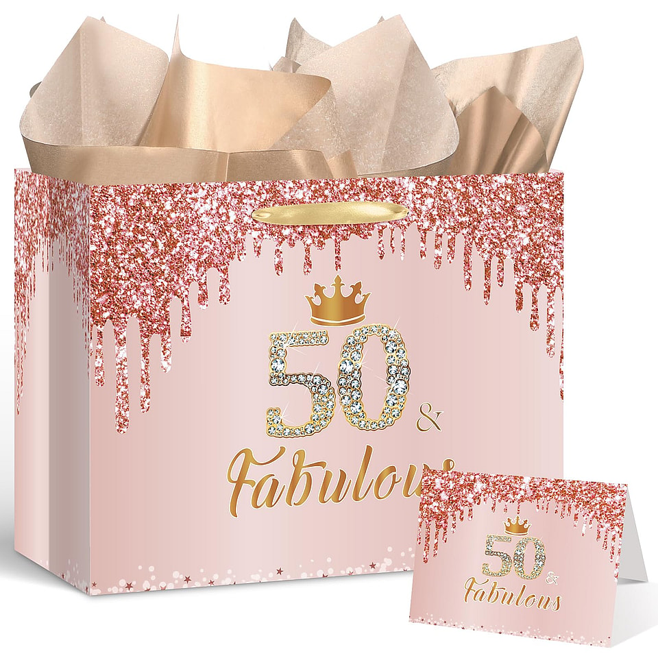 Rose Gold 50 and Fabulous 50th Birthday Gift Bag Set