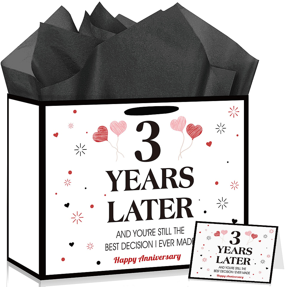Happy 3rd Anniversary Party Favor Bag with Tissue Paper and Greeting Card Set