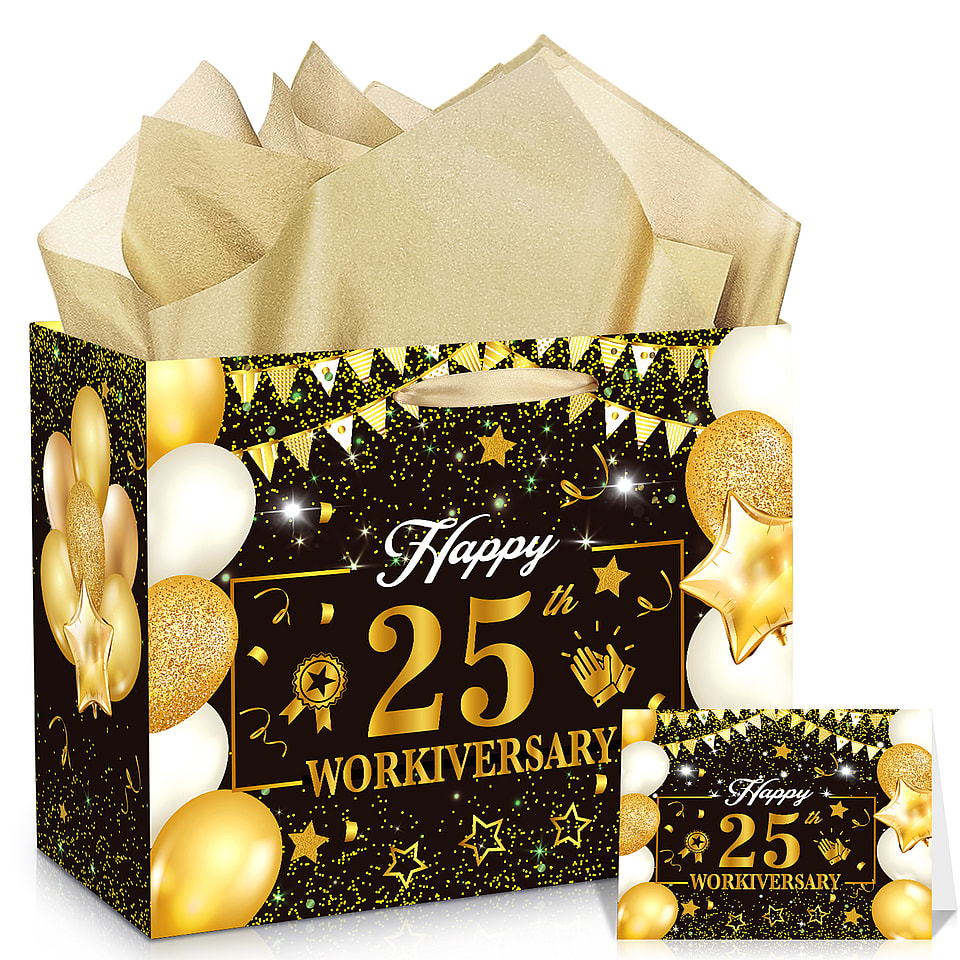 Black Gold 25th Work Anniversary Bag with Tissue Paper and Card Large Set