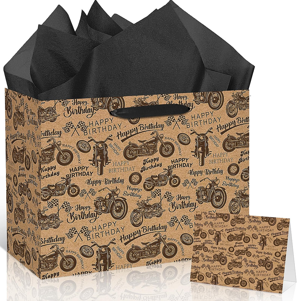 Vintage Motorcycle Happy Birthday Gift Bag Set