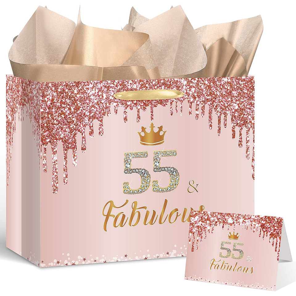 Rose Gold 55th Birthday Gift Bag Set