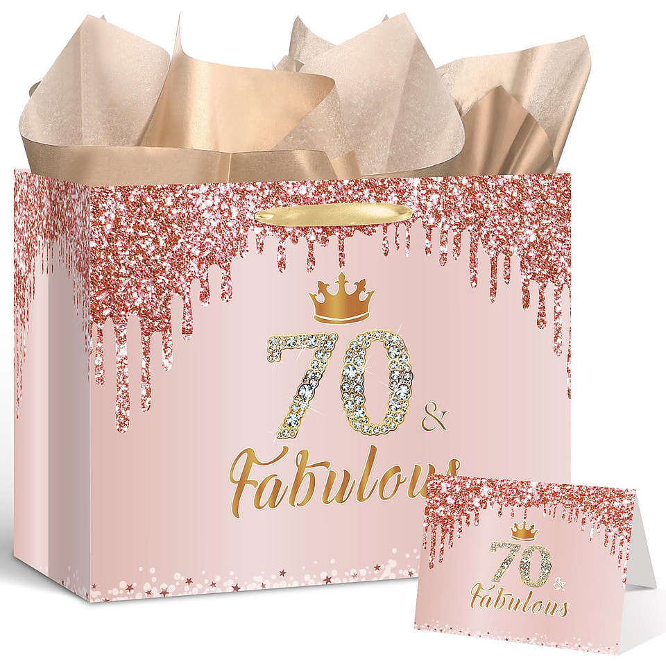 Rose Gold 70th Birthday Gift Bag Set