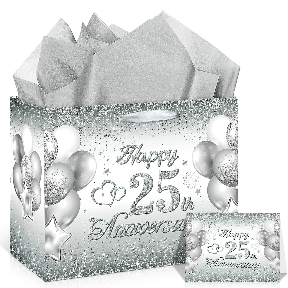 Silver 25th Anniversary Party Gift Bag Set