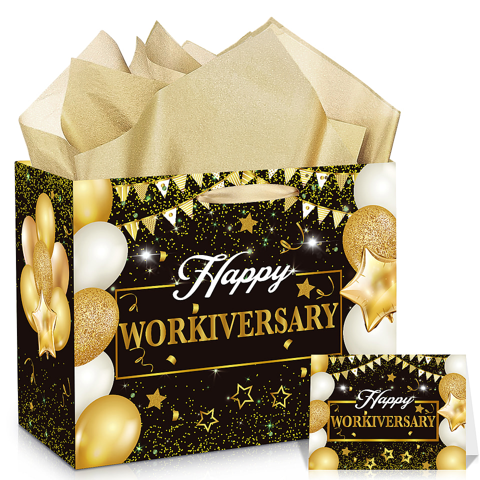 Happy Work Anniversary Bag with Tissue Paper and Card Large Black Gold Set