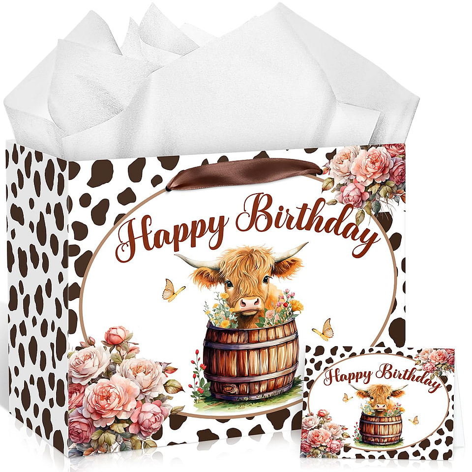 Large Highland Cow Birthday Gift Bag Set