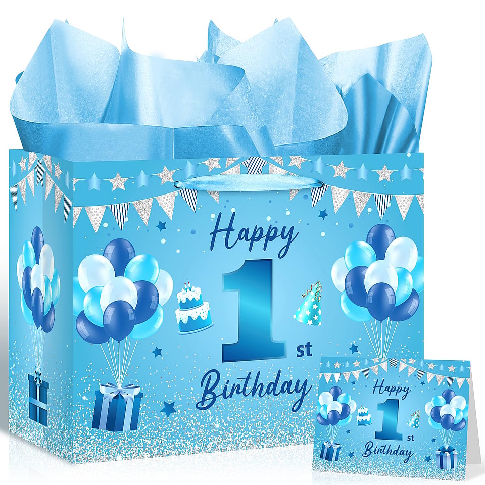 Blue Newborn Boy's Happy 1st Birthday Gift Bag Set