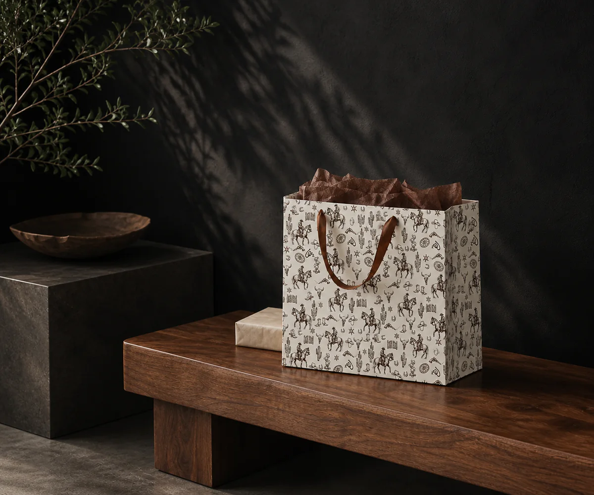 A western toile paper gift bag arranged on a dark wood table