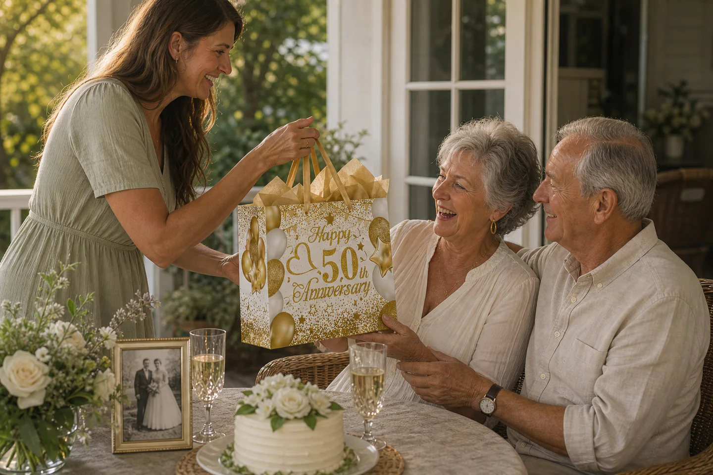 A couple receives a gold 50th-anniversary gift bag at home
