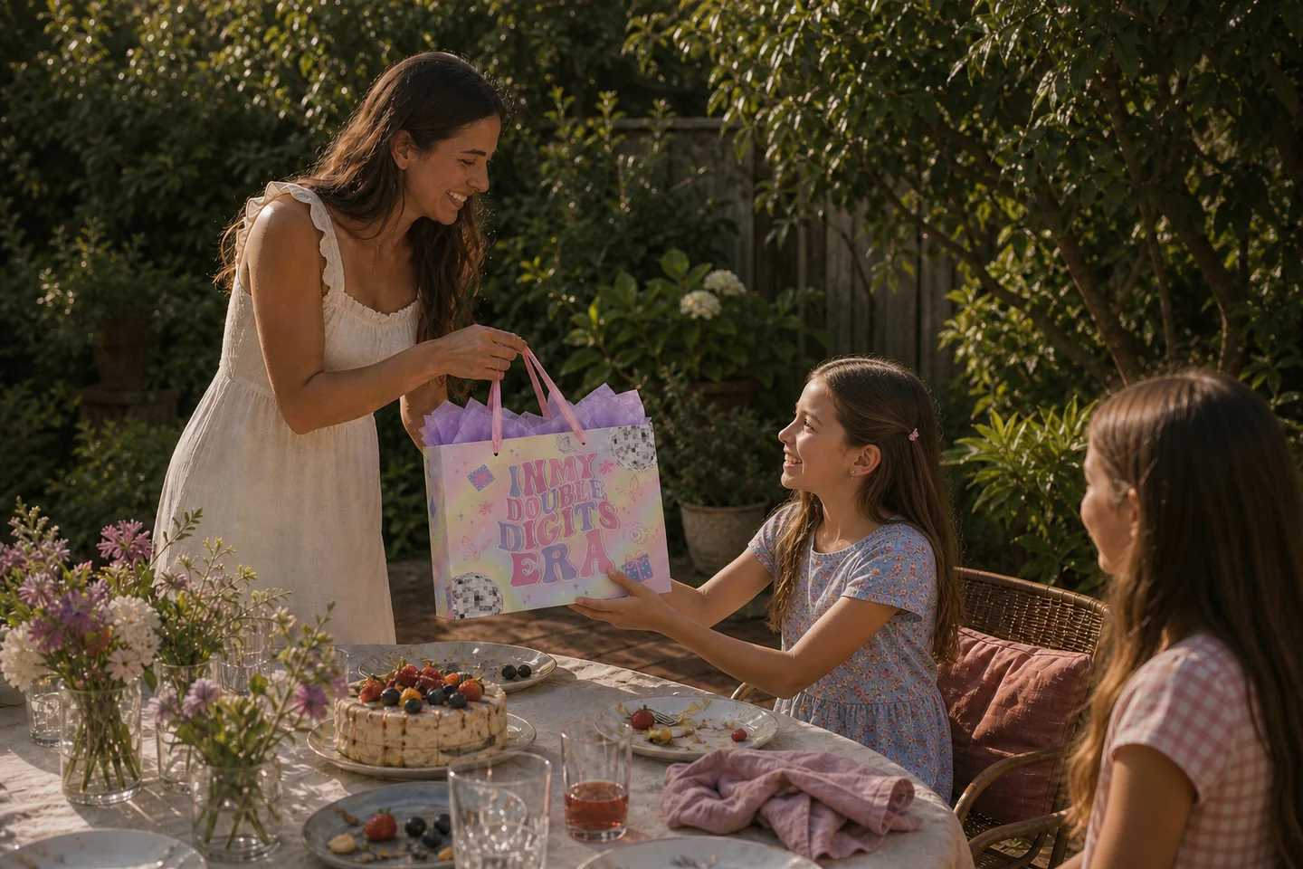A birthday guest gives a colorful double-digits gift bag at a garden party