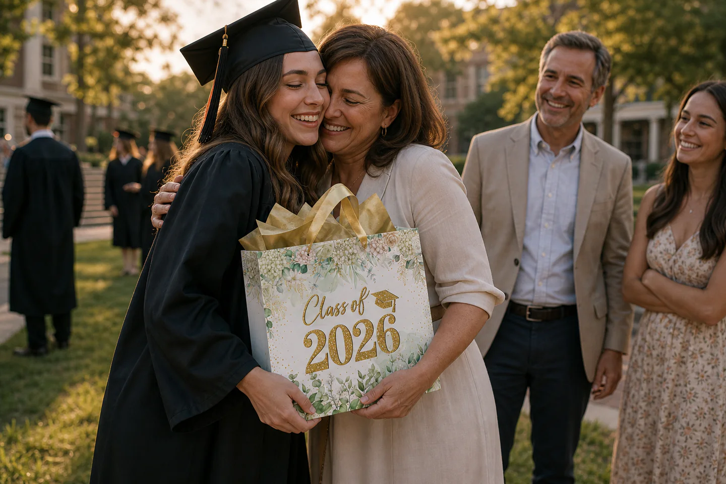 A graduate receives a Class of 2026 gift bag outdoors