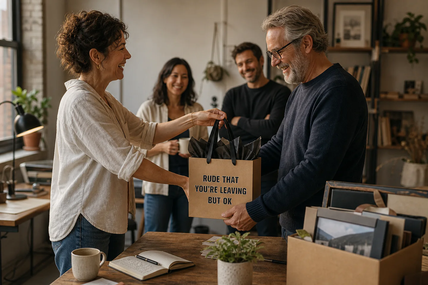 Coworkers exchange a farewell gift bag in an office