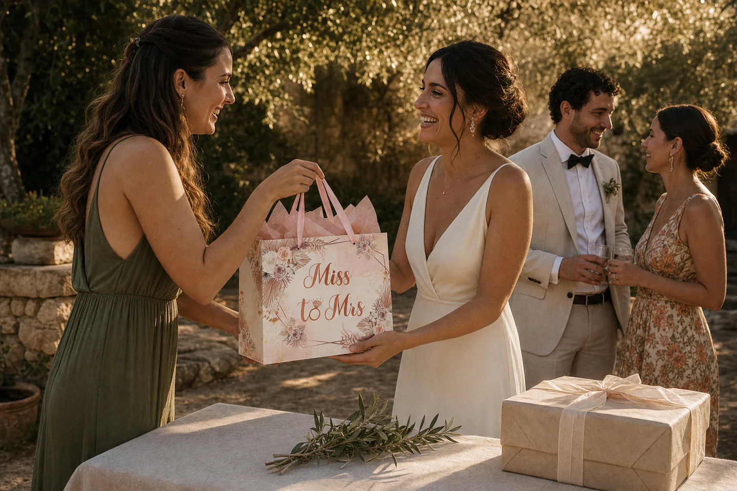 A bride receives a Miss to Mrs gift bag at an outdoor wedding